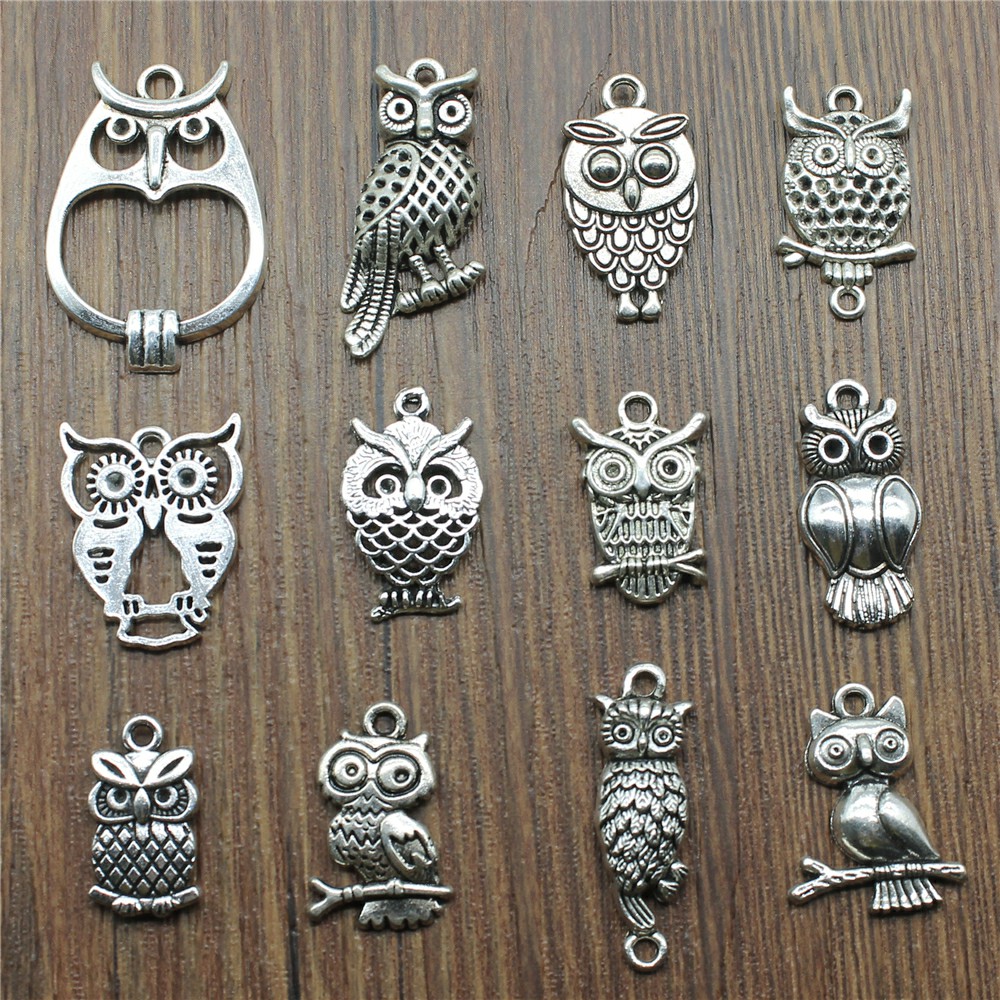 Vintage Collectible Item - 10pcs Charms Owl Antique Silver Color
